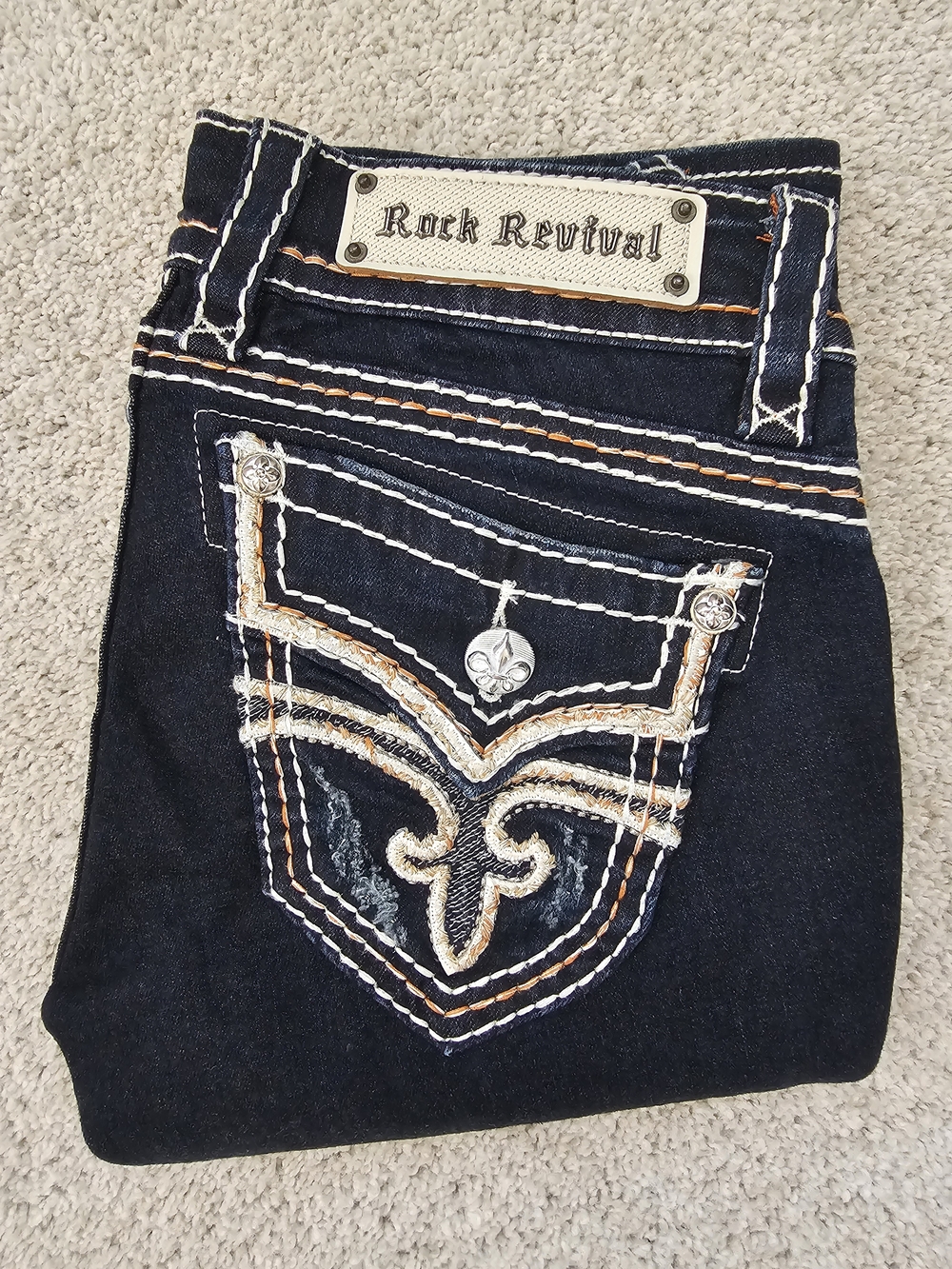 Rock Revival Women's Straight Leg Dark Blue Embroidered Jeans